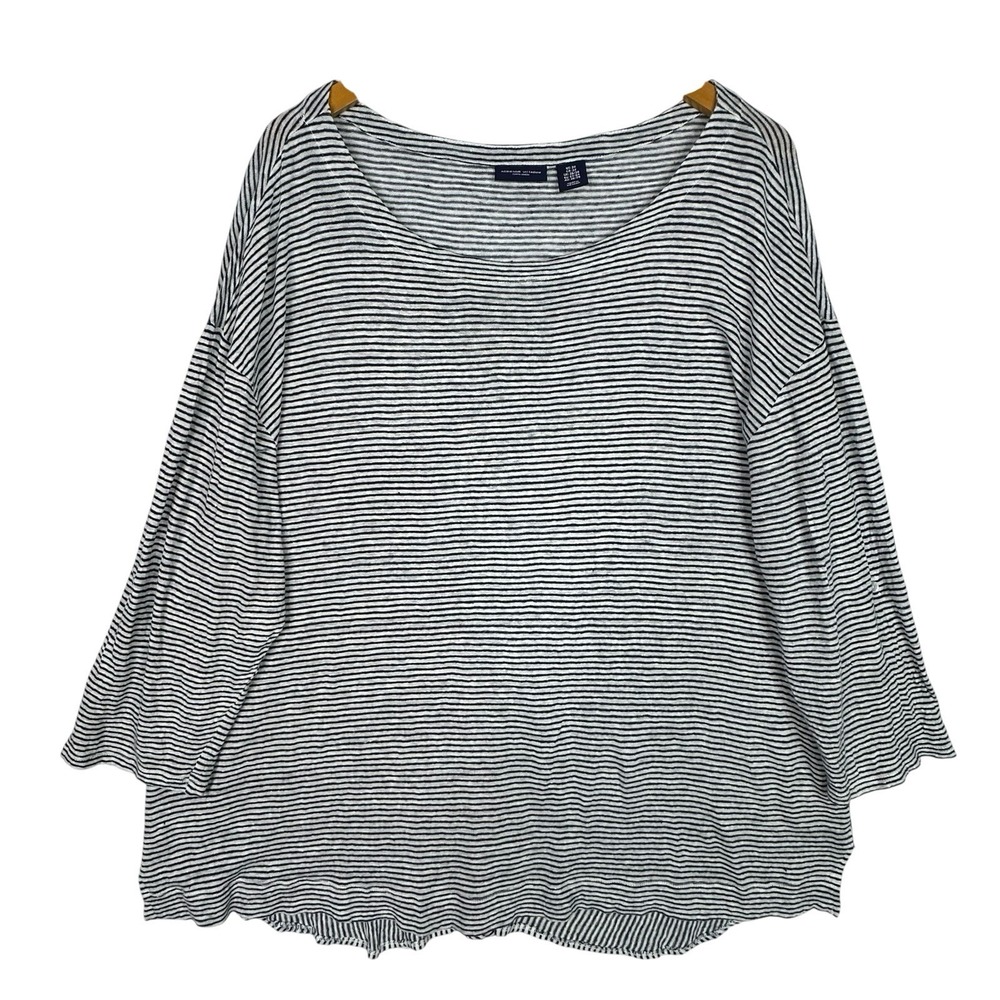 Adrienne Vittadini Linen Top 3X Blue White Stripe Button Back Roll Tab Sleeve